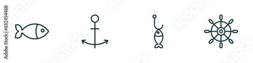 set of 4 linear icons from nautical concept. outline icons included fish facing right, sailor, fish shaped bait, boat steering wheel vector