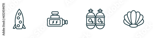 set of 4 linear icons from nautical concept. outline icons included one suroard, ship engine, oxygen tank, big shell vector