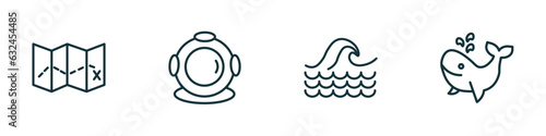 set of 4 linear icons from nautical concept. outline icons included treasure map, diving helmet, sea, whale vector
