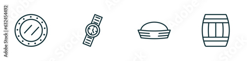 set of 4 linear icons from nautical concept. outline icons included submarine window, water resist watch, sailor hat, big barrel vector