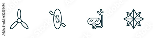 set of 4 linear icons from nautical concept. outline icons included propeller, one kayak, snorkel, wind rose vector