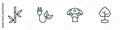 set of 4 linear icons from nature concept. outline icons included bamboo branches, eco energy source, mushroom with spots, tree growing vector