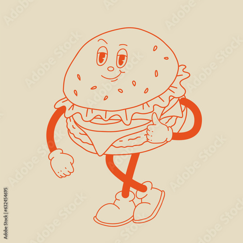 Vector cartoon retro mascot of cheeseburger. Vintage style 30s, 40s, 50s old animation. The clipart is isolated on a beige background.