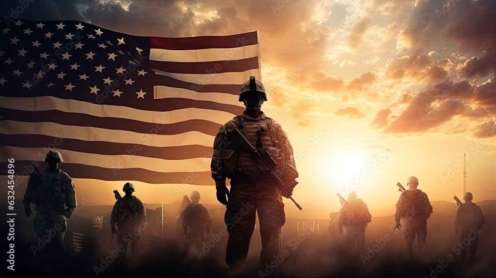 USA army soldiers saluting on a background of sunset or sunrise and USA flag. Greeting card for Veterans Day, Memorial Day, Independence Day. America celebration