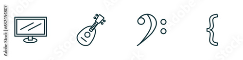 set of 4 linear icons from music and media concept. outline icons included television screen off, mandolin, bass clef, bracket vector