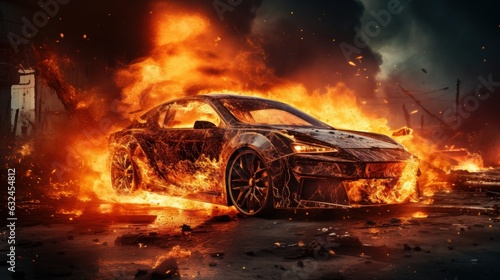 Car on Fire Accident  Burning Car Background  Car Insurance Concept. Generative Ai
