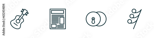 set of 4 linear icons from music and media concept. outline icons included ukelele, newspaper report, cymbals, thirty second note rest vector