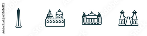 set of 4 linear icons from monuments concept. outline icons included obelisk of bue aires, blue domed churches, palais garnier, bridge of the west vector