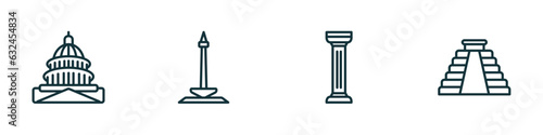 set of 4 linear icons from monuments concept. outline icons included united states capitol, national monument monas, greek column, maya pyramid vector
