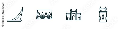 set of 4 linear icons from monuments concept. outline icons included moscow, abu simbel, gat of india, belem tower vector