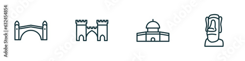 set of 4 linear icons from monuments concept. outline icons included stari most, medieval, dome of the rock, moia statues vector