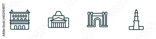 set of 4 linear icons from monuments concept. outline icons included lonja of zaragoza, shrine of remembrance, barcelona, qutb minar in new delhi vector