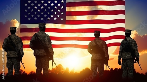 USA army soldiers saluting on a background of sunset or sunrise and USA flag. Greeting card for Veterans Day, Memorial Day, Independence Day. America celebration