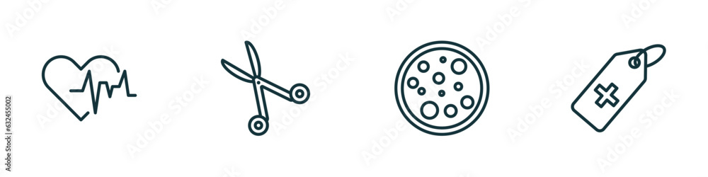 set of 4 linear icons from medical concept. outline icons included cardiogram, opened medical scissors, cells in a circle, tag with a cross vector set of 4 linear icons from medical concept. outline icons included cardiogram, opened medical scissors, cells in a circle, tag with a cross vector