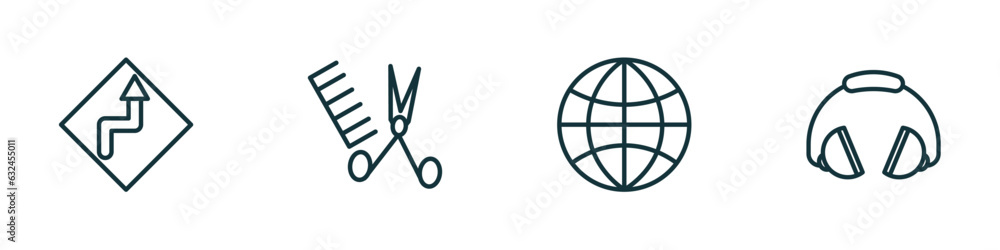 set of 4 linear icons from maps and flags concept. outline icons included curves ahead, women hairstylist, earth gobe, ear protection vector set of 4 linear icons from maps and flags concept. outline icons included curves ahead, women hairstylist, earth gobe, ear protection vector
