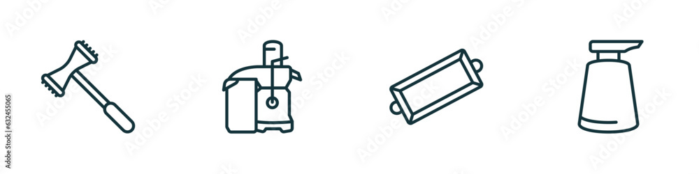 set of 4 linear icons from kitchen concept. outline icons included meat tenderizer, juicer, tray, soap dispenser vector set of 4 linear icons from kitchen concept. outline icons included meat tenderizer, juicer, tray, soap dispenser vector