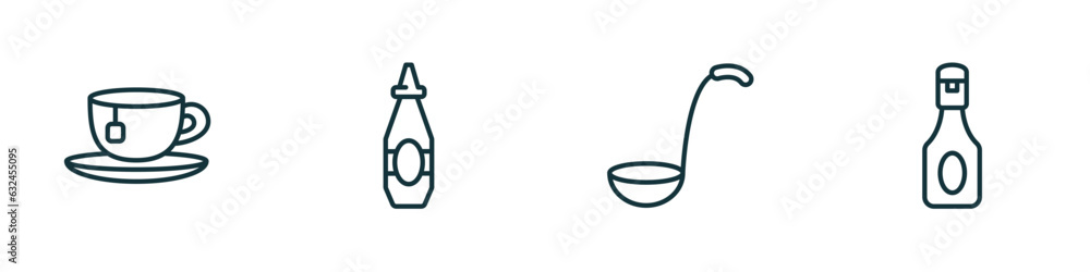 set of 4 linear icons from kitchen concept. outline icons included tea cup, sauce, ladle, ketchup vector