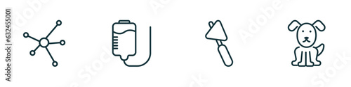 set of 4 linear icons from medical concept. outline icons included molecular structure, plasma, medical hammer tool, canine vector