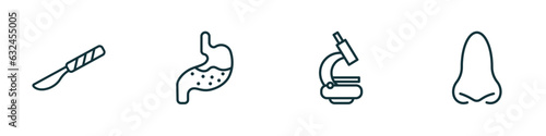 set of 4 linear icons from medical concept. outline icons included scalpel, stoh, microscope tool, e vector