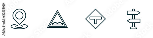 set of 4 linear icons from maps and flags concept. outline icons included maps mark, speed breaker, t road intersection, vintage vector