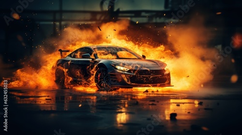 Car on Fire Accident  Burning Car Background  Car Insurance Concept. Generative Ai