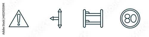set of 4 linear icons from maps and flags concept. outline icons included caution, left intersection, dormitory, 80 speed limit vector