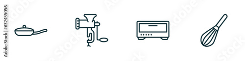 set of 4 linear icons from kitchen concept. outline icons included pan, meat grinder, bun warmer, beater vector