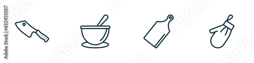 set of 4 linear icons from kitchen concept. outline icons included cleaver, soup bowl, cutting board, kitchen mitten vector