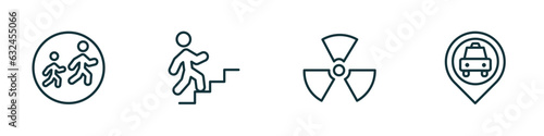 set of 4 linear icons from maps and flags concept. outline icons included school zone, walking up stair, radiactive, taxi stop vector