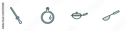 set of 4 linear icons from kitchen concept. outline icons included knife sharpener, chopping board, skillet, sugar sifter vector
