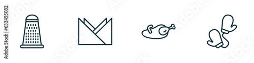 set of 4 linear icons from kitchen collection. concept. outline icons included grater, napkin, broiler, mitten vector