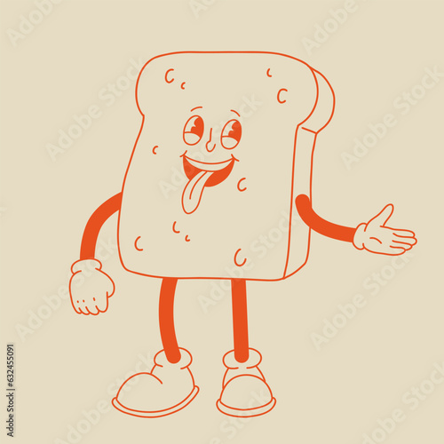 Vector cartoon retro mascot of slice of bread. Vintage style 30s, 40s, 50s old animation. The clipart is isolated on a beige background.