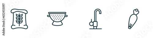 set of 4 linear icons from kitchen concept. outline icons included flour, nder, kitchen tap, pastry bag vector