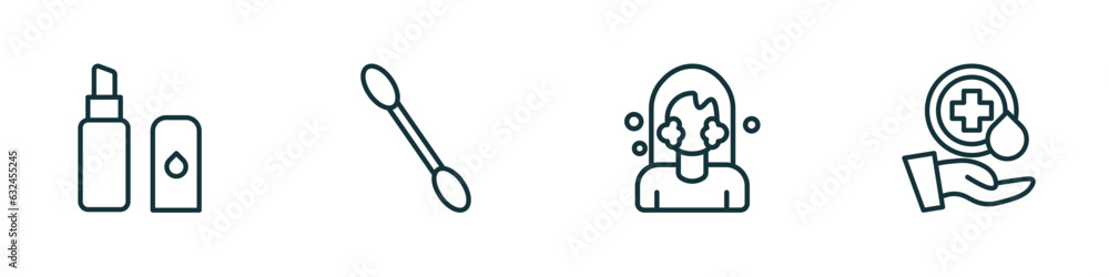 set of 4 linear icons from hygiene concept. outline icons included lip balm, cotton swab, face washer, sanitary vector set of 4 linear icons from hygiene concept. outline icons included lip balm, cotton swab, face washer, sanitary vector