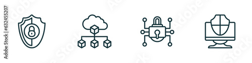 set of 4 linear icons from internet security concept. outline icons included insecure, network cubes, traffic encryption, computer security vector