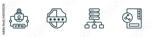 set of 4 linear icons from internet security concept. outline icons included virtual private network, pin code, proxy server, file sharing vector