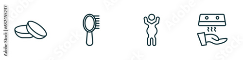 set of 4 linear icons from hygiene concept. outline icons included lens, primp, body shaming, hand dryer vector