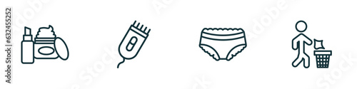 set of 4 linear icons from hygiene concept. outline icons included cosmetics, electric razor, underwear, throw vector