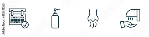 set of 4 linear icons from hygiene concept. outline icons included appointment book, pump bottle, body odour, drying hands vector