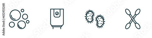 set of 4 linear icons from hygiene concept. outline icons included bubbles, water heater, microbes, cotton swabs vector