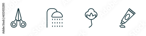 set of 4 linear icons from hygiene concept. outline icons included nail scissors, douche, cotton, gel vector