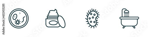 set of 4 linear icons from hygiene concept. outline icons included pathogen, body cream, parasite, bathroom vector