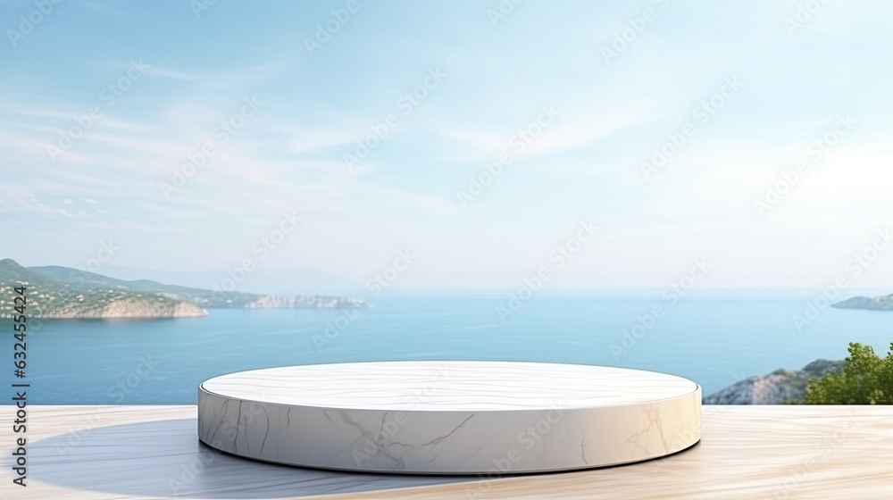 White marble podium display for product presentation, summer beach with blue sea and sky background. White marble podium display for product presentation, summer beach with blue sea and sky background.