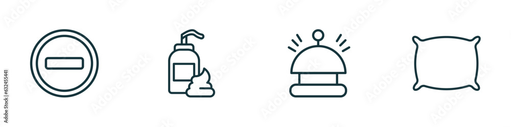 set of 4 linear icons from hotel and restaurant concept. outline icons included do not disturb, lotion, reception bell, pillow vector set of 4 linear icons from hotel and restaurant concept. outline icons included do not disturb, lotion, reception bell, pillow vector
