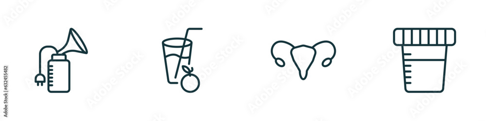 set of 4 linear icons from health and medical concept. outline icons included breast pump, orange juice, uterus, urine vector set of 4 linear icons from health and medical concept. outline icons included breast pump, orange juice, uterus, urine vector