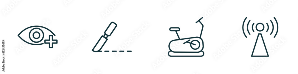 set of 4 linear icons from health and medical concept. outline icons included ophthalmology, surgery, stationary bike, non ionizing radiation vector set of 4 linear icons from health and medical concept. outline icons included ophthalmology, surgery, stationary bike, non ionizing radiation vector