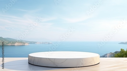 White marble podium display for product presentation  summer beach with blue sea and sky background.