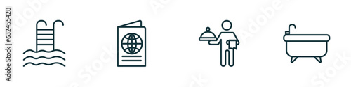 set of 4 linear icons from hotel concept. outline icons included pool, passport, servant, bathtub vector