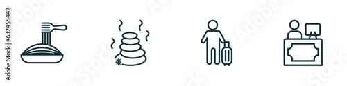 set of 4 linear icons from hotel and restaurant concept. outline icons included spaghetti, hot stones, guest, reception vector