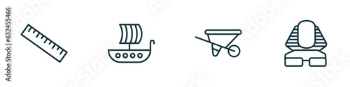 set of 4 linear icons from history collection. concept. outline icons included ruler, viking ship, wheelbarrow, sphinx vector